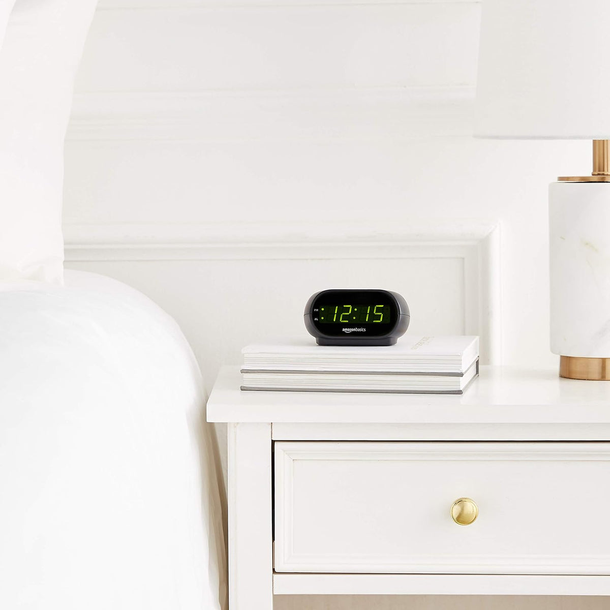 Amazon Basics Small Alarm Clock with LED Display – Neutral Black Timepiece for Minimalist Dorms
