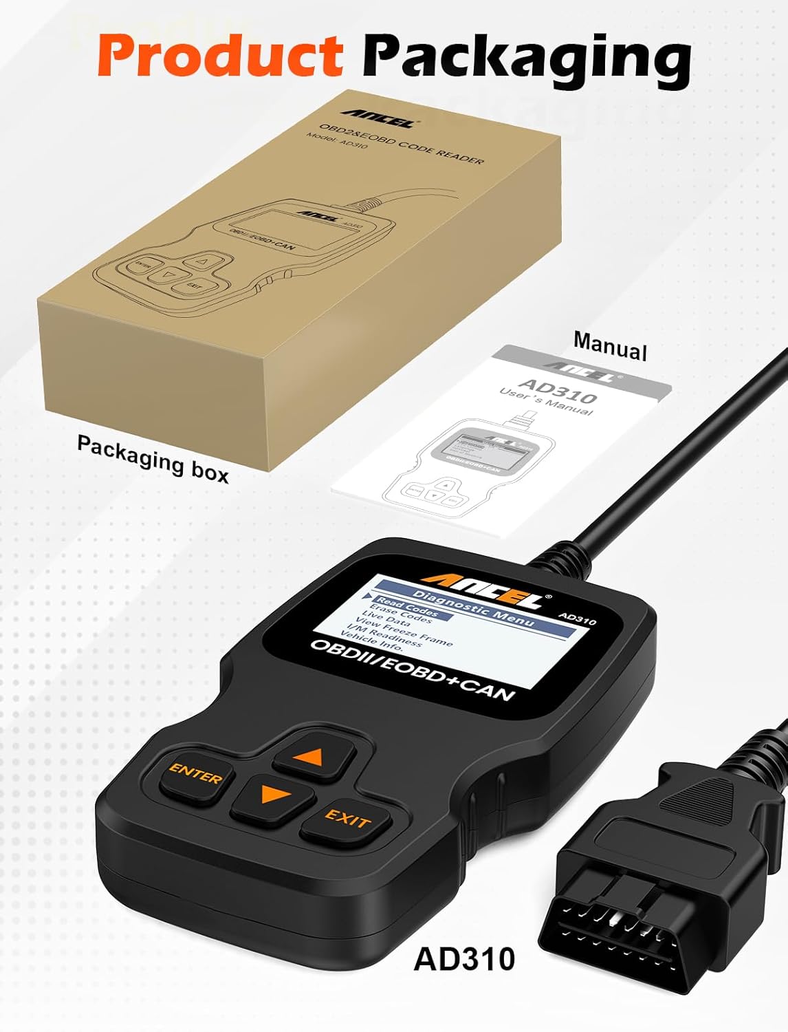 ANCEL AD310 Universal Fault Code Reader – Minimalist Black Diagnostic Scanner with Clearly Labeled Buttons