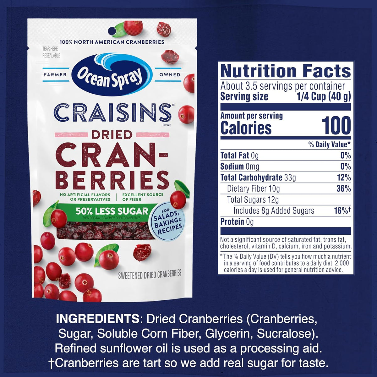 Ocean Spray Craisins 50% Less Sugar Dried Cranberries – Subscribe & Save Pantry Refill for Busy Professionals, 5 oz Pouches, 12 Pack
