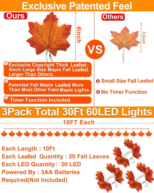 patented 4-inch enlarged maple leaves (20 per strand, 60 total)