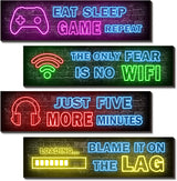 4 Pcs Printed Neon Gaming Posters – No Tools Needed Playroom Decoration for Boys, Lightweight Wooden Posters