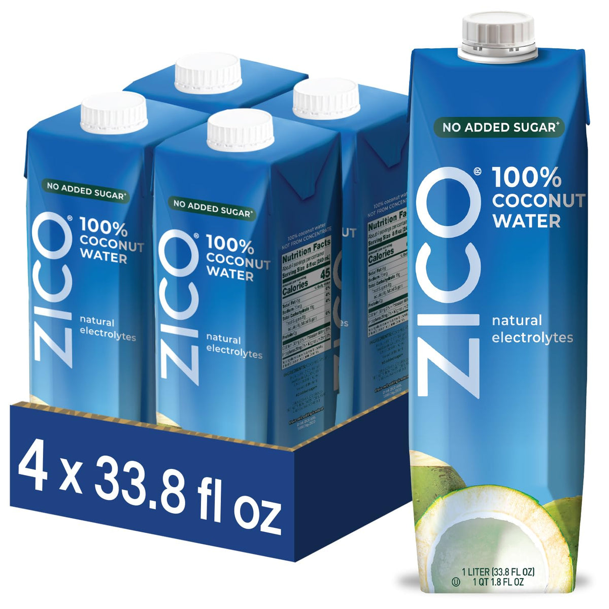 100% coconut water — single ingredient with no preservatives, added sugar, or artificial additives