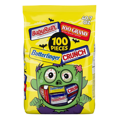 100-count bulk bag containing four classic candy brands: butterfinger, crunch, baby ruth, and 100 grand