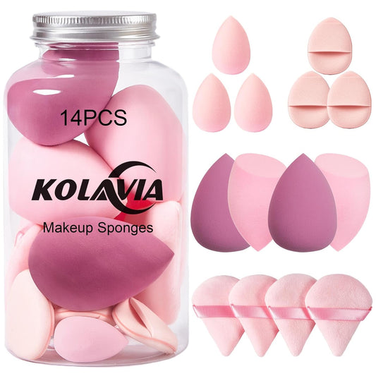 14-piece set including full-size blending sponges, mini beauty sponges, and triangle powder puffs