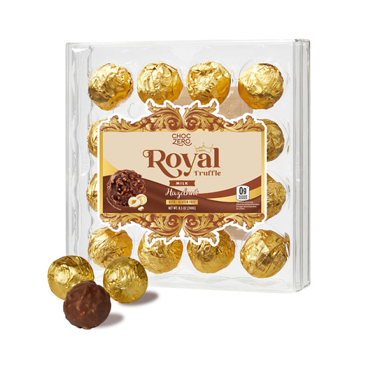 16 individually wrapped milk chocolate hazelnut truffles in an 8.5 oz jewel box