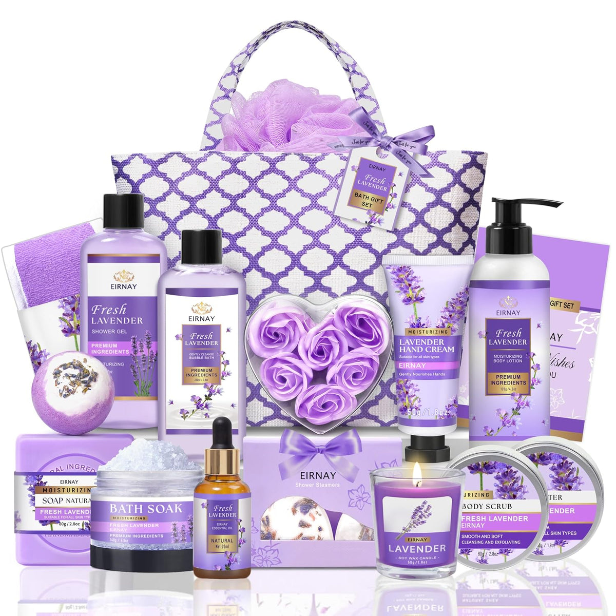 17-piece set including bath bomb, shower gel, body lotion, body butter, bubble bath, body scrub, bath soak, and soap