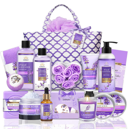 17-piece set including bath bomb, shower gel, body lotion, body butter, bubble bath, body scrub, bath soak, and soap