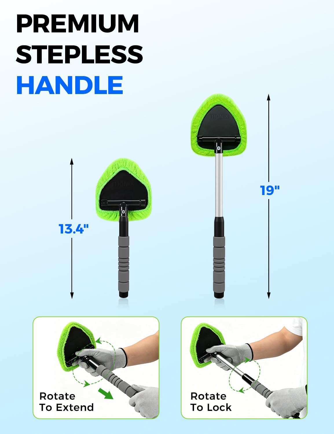 180° swivel cleaning head measuring 5.7"w x 6.1"l for maximum glass contact