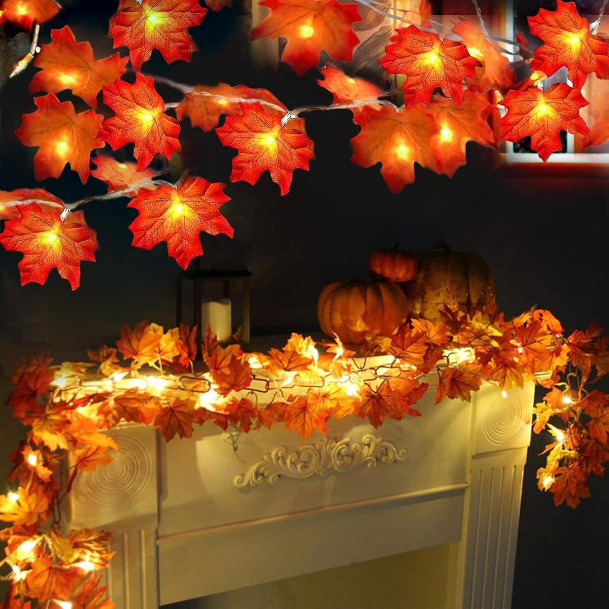 2-pack configuration totaling 20 feet of garland with 40 enlarged 4-inch maple leaves and 40 led lights