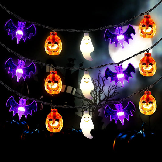 20-foot string with 30 led pumpkin, ghost, bat, and spider-shaped bulbs