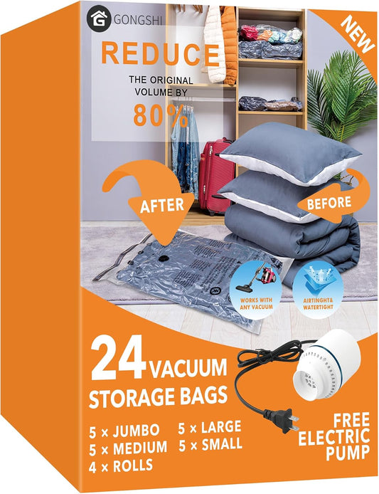 24-bag combo set with 5 jumbo, 5 large, 5 medium, 5 small, and 4 travel roll-up bags