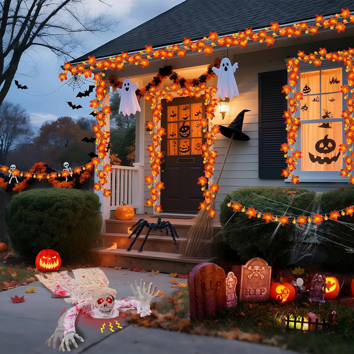 3 Pack Fall Garland with Pumpkin Lights – Cozy Housewarming Gift for Her with Warm White Maple Leaf Autumn Ambiance