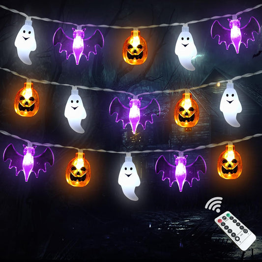 30 3d led figures (pumpkins, bats, ghosts or spiders) on a 16 ft string, spaced 6 inches apart