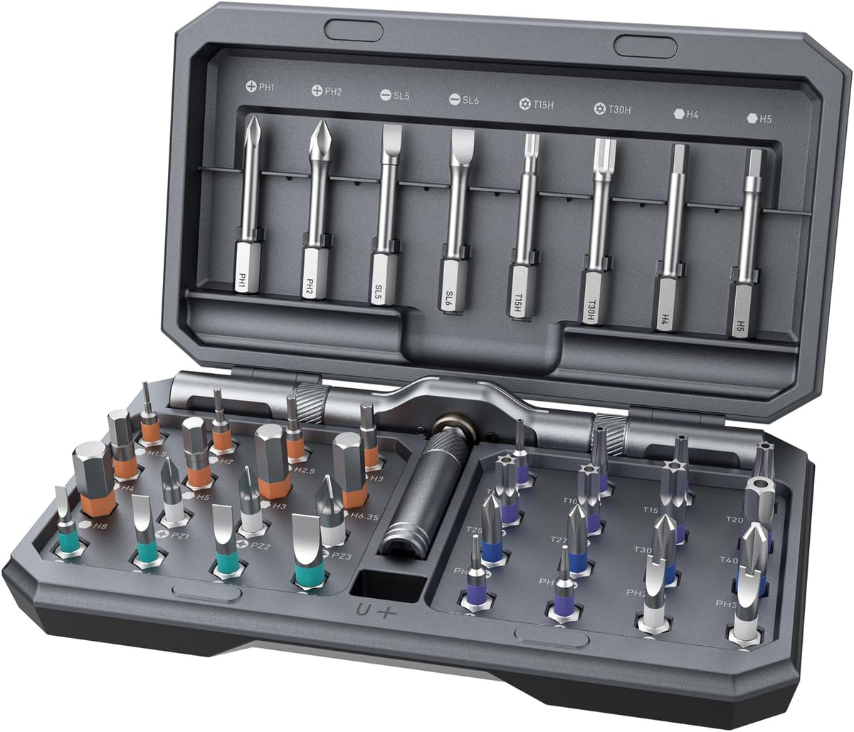 42 precision bits including phillips, slotted, torx, and hex in 8 long and 32 short variants