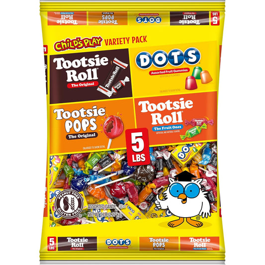 5-pound bulk bag with five tootsie roll varieties (rolls, pops, dots, fruit chews, snack bars)