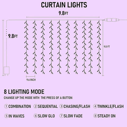 8 lighting modes including combination, waves, sequential, chasing/flash, slow fade, twinkle/flash, and steady on