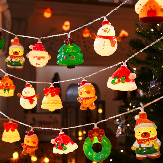 9.84 ft / 3 m string with 20 leds in 10 festive shapes (tree, snowman, wreath, bell, santa, bear, stocking, gingerbread man, gift box, snow house)