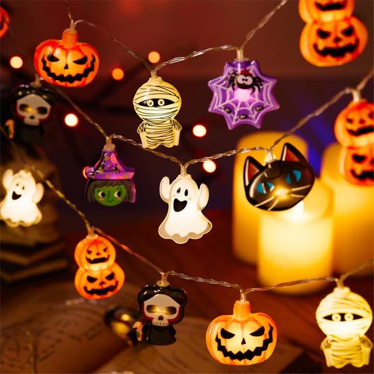 9.84 ft (3 m) string with 20 themed-shape leds (orange pumpkins, white ghosts/mummies, purple witches/spiderwebs, black cats, grim reapers)
