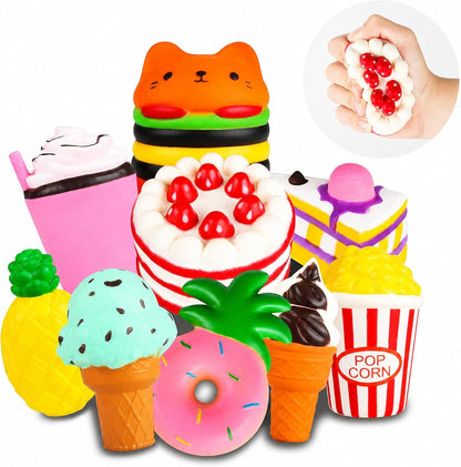 9-piece jumbo squishy set in 6 different food designs (hamburger, popcorn, cake, donut, pineapple, ice cream)
