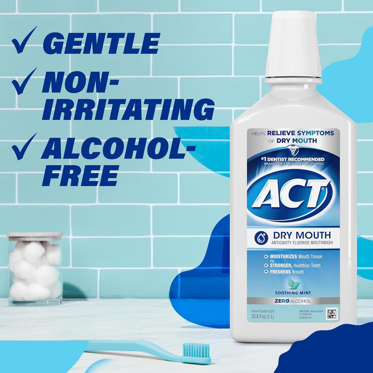 ACT Dry Mouth Mouthwash – Calming Pre-Sleep Oral Hydration for Air-Conditioned Homes, Soothing Mint, 33.8 fl. oz.
