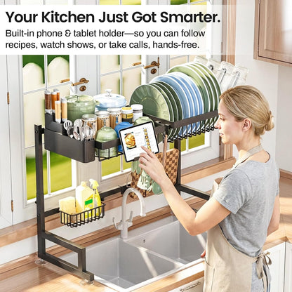 ADBIU Snap-On 2 Tier Sink Drying Rack – Simple Streamlined Dish Storage for Small Counter Living