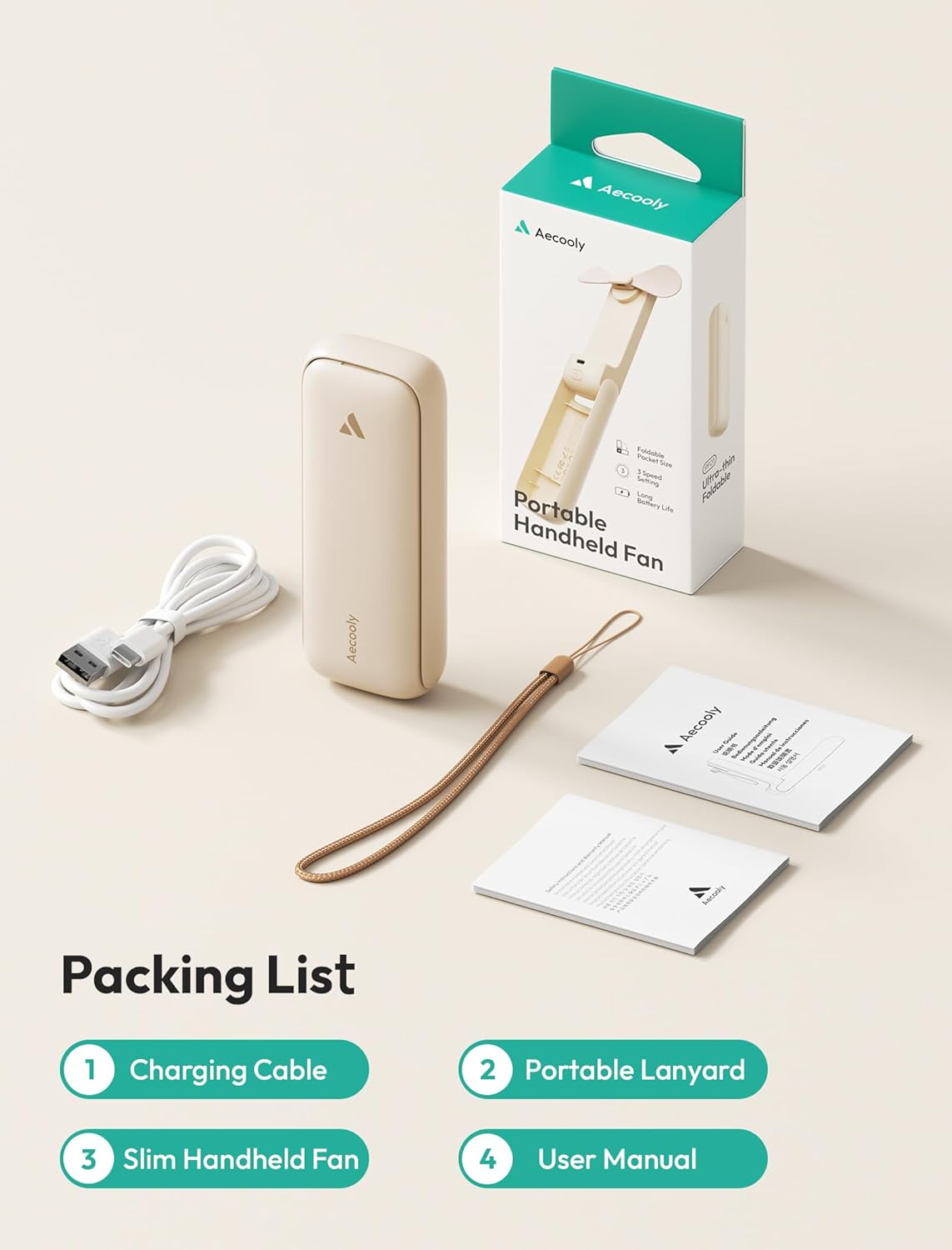 Aecooly Mini Personal Fan – Practical Mother's Day Present for Women Who Travel, Foldable USB-C Rechargeable