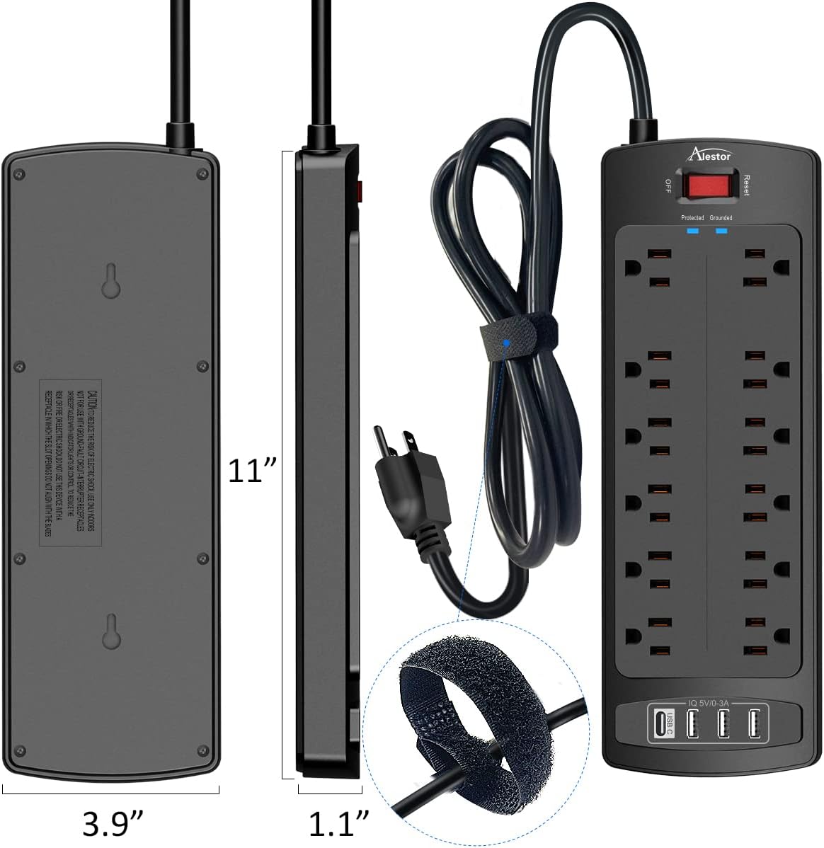 ALESTOR ETL Certified Power Strip 12 Outlets 4 USB, Practical Holiday Gift for Home Office or Apartment Upgrade