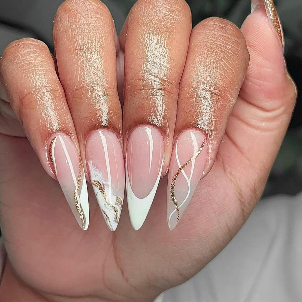 Almond Press on Nails Medium with Designs – Birthday Gift for Her, French Tip Glitter Nail Kit for Women
