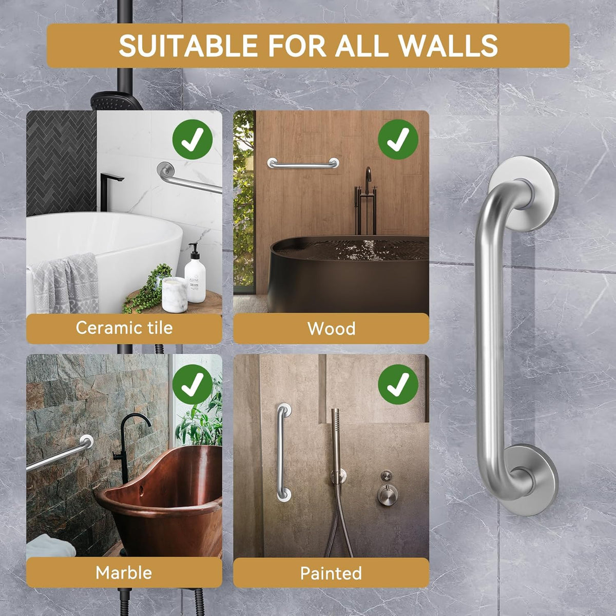AmazerBath Brushed Nickel Shower Bar – Intentional Aging-in-Place Hardware, No Clutter