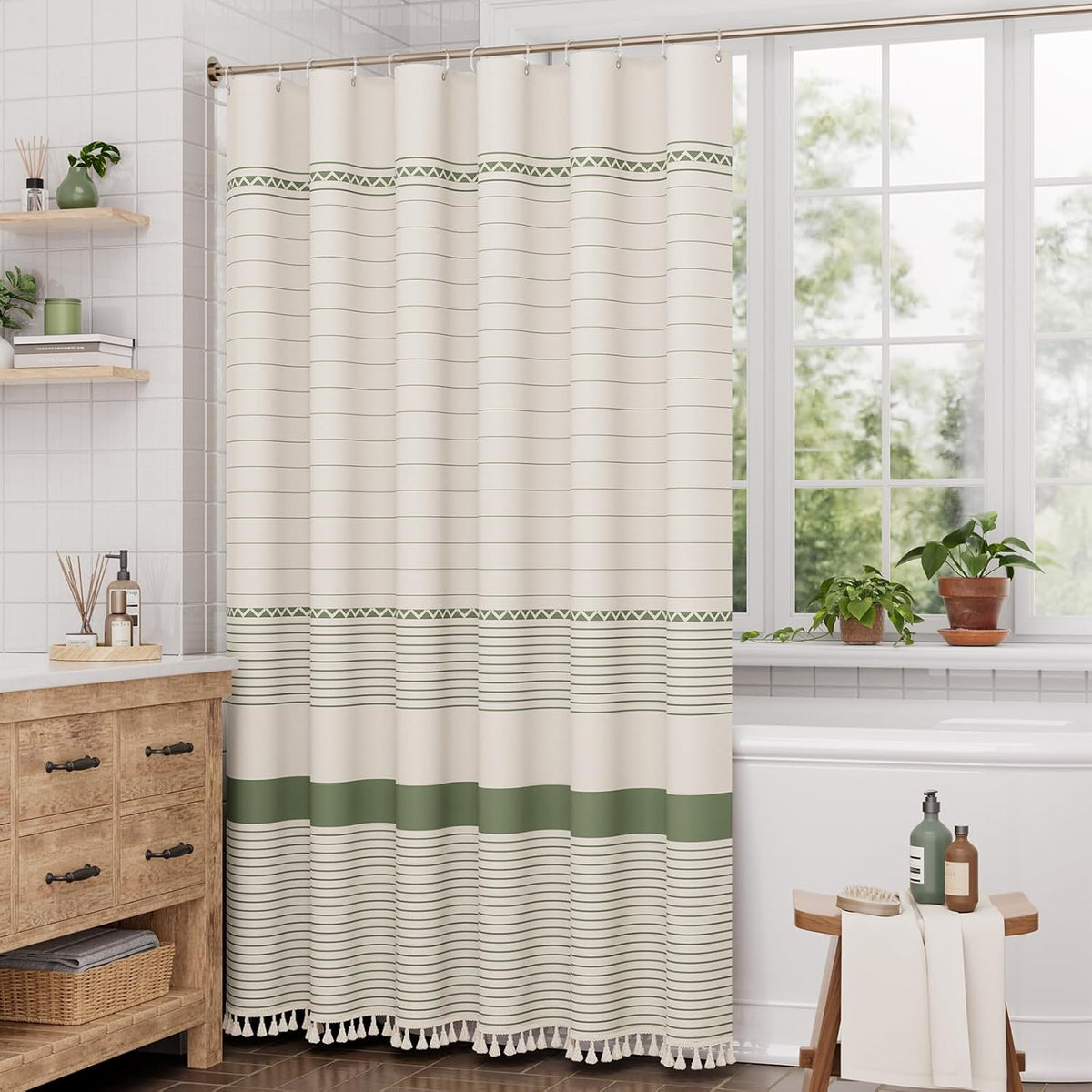 AmazerBath Faux Linen Shower Curtain – Sage Green Striped Boho Curtain for Cozy Living Room Aesthetic, 72x72 Farmhouse Bathroom Set with Hooks