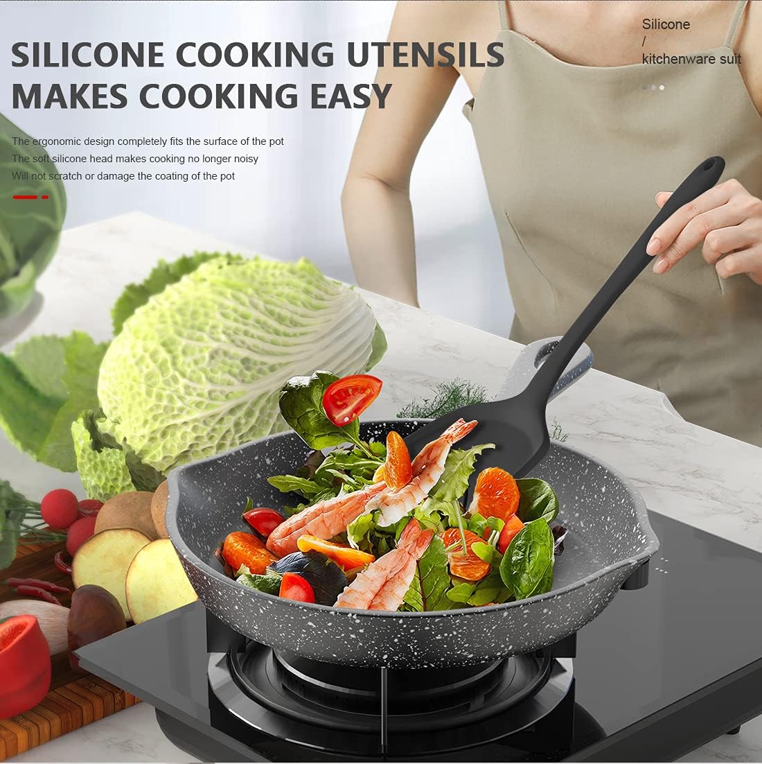 AOTHOD One-Piece Silicone Cooking Tools - Simple Elegant Kitchen Utensils for Uncluttered Cooking Spaces