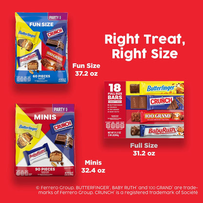Butterfinger, CRUNCH, Baby Ruth & 100 Grand Candy Gift Bag, 100 Count – Nostalgic Halloween Present for Coworkers, Neighbors, and Holiday Hostess Gifts