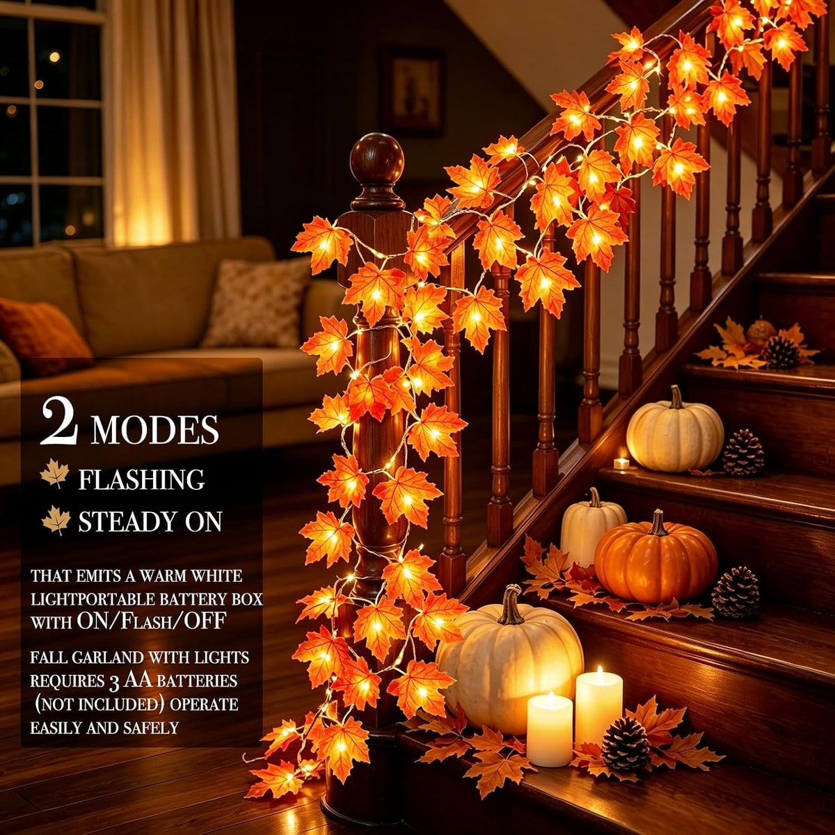 Camping and Balcony Fall Garland with Lights – 20Ft Portable Maple Leaf LED, Battery Powered