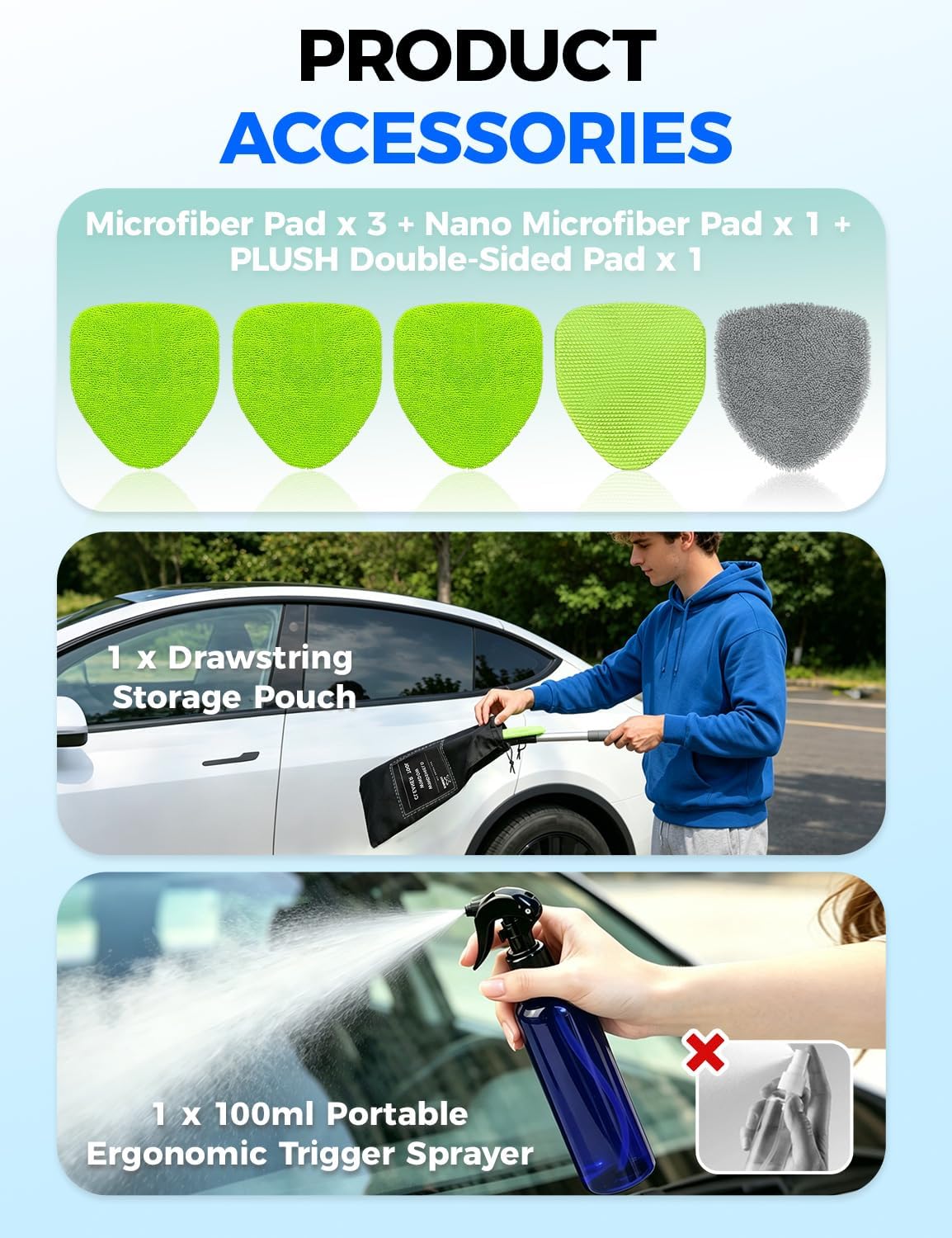 complete kit includes wash sponge, empty spray bottle, and reusable pads—no extra accessories needed