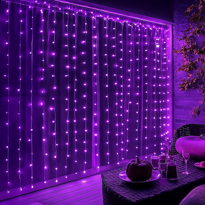 Dazzle Bright 300 LED Curtain Lights Birthday Gift for Her, 8 Mode Purple Glow Bedroom and Home Decor with 29V Safe Output