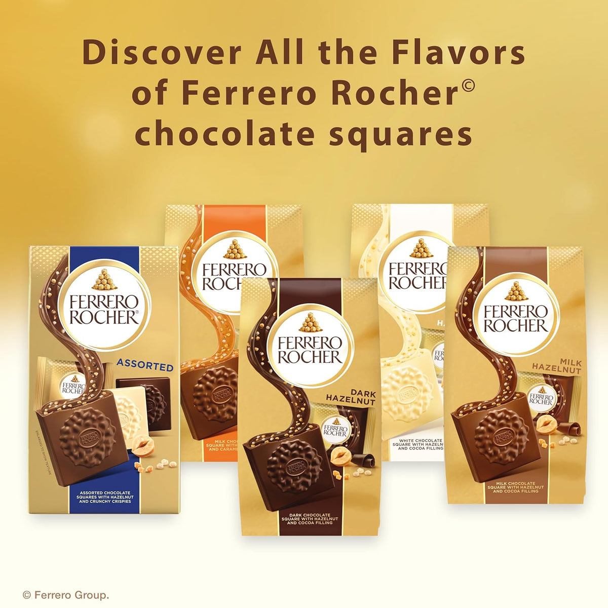 Ferrero Rocher Premium Caramel Hazelnut Squares – Personal Reward Treat to Brighten Busy Weeks, Resealable Gold Bag, 10 Individually Wrapped