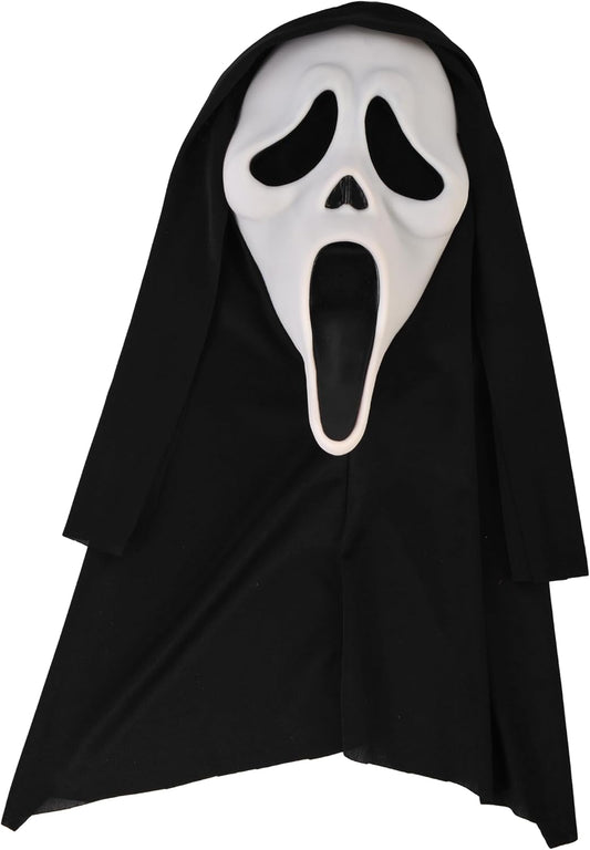 flowing black shroud integrated with the mask, draping over head and shoulders for full character silhouette