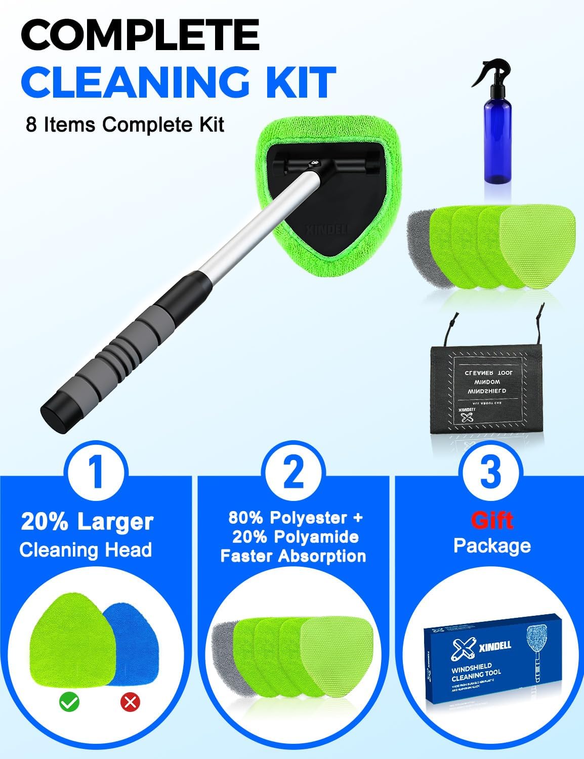 four reusable microfiber pads: 3 standard (dry use for fog, dust, water) and 1 nano-fiber (wet use with glass cleaner)
