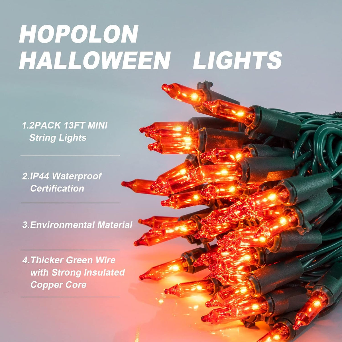 incandescent b10 bulbs in orange, warm white, multicolor, red, blue, green, purple, and pastel on green/white/black wire