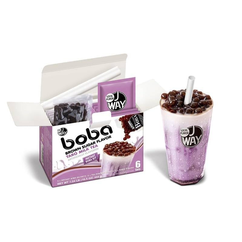 J WAY Instant Boba Bubble Pearl Taro Milk Tea Kit with Authentic Brown Sugar Tapioca Boba, Ready in Under One Minute, Paper Straws Included - 6 Servings