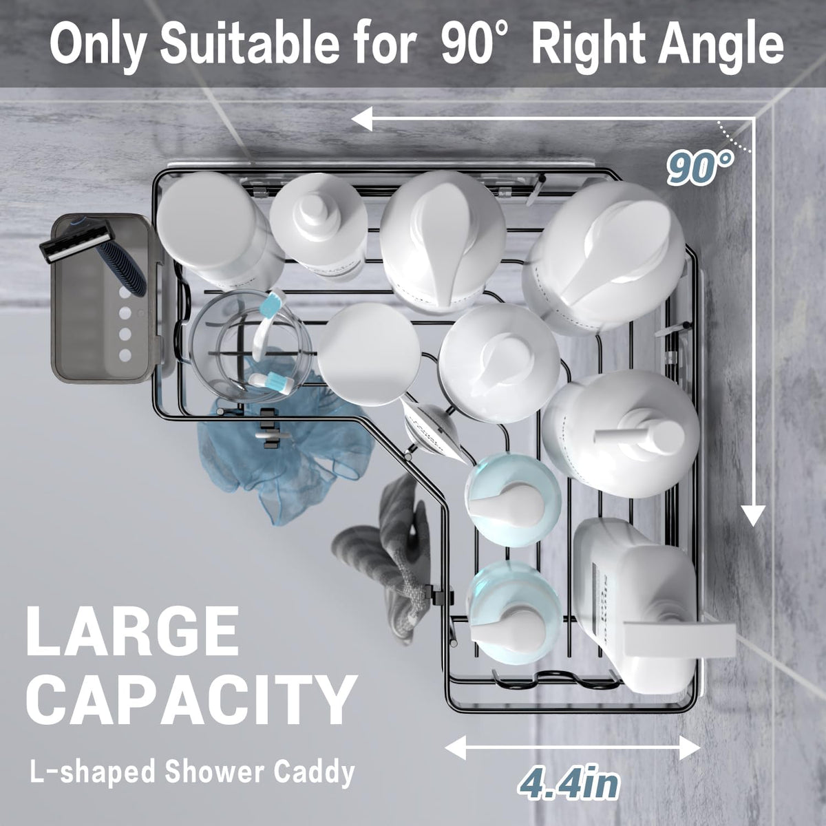 l-shaped form factor engineered specifically for 90° shower corners