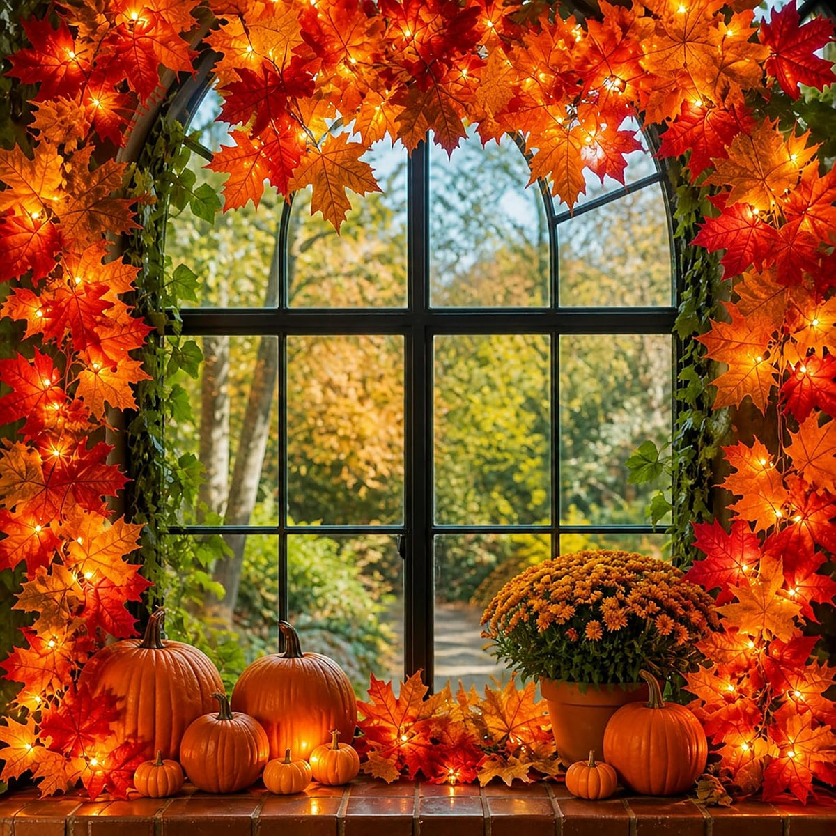 Meknow Fall Garland with Lights – UL Certified Flameless Maple Leaf Garland with Cool-Running Orange Bulbs for Kid and Pet Safe Decorating