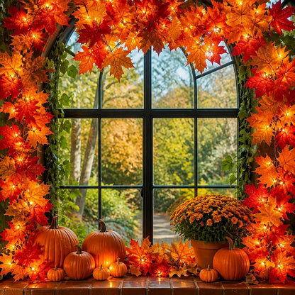 Meknow Fall Garland with Lights – UL Certified Flameless Maple Leaf Garland with Cool-Running Orange Bulbs for Kid and Pet Safe Decorating