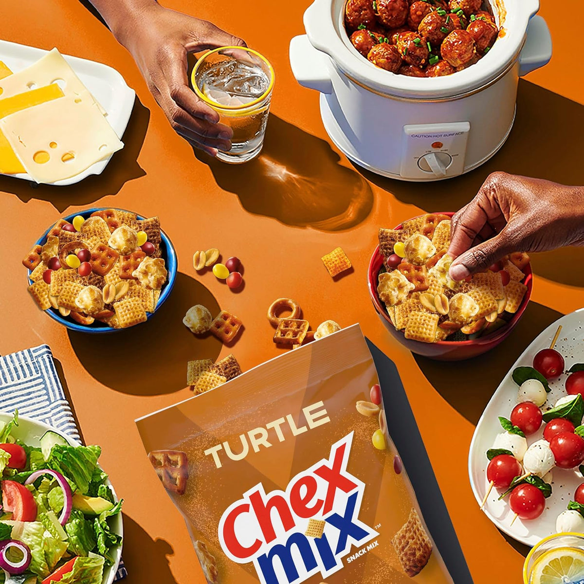 mix of multiple crunch textures (cereal pieces, pretzels, popcorn, peanuts) in every handful