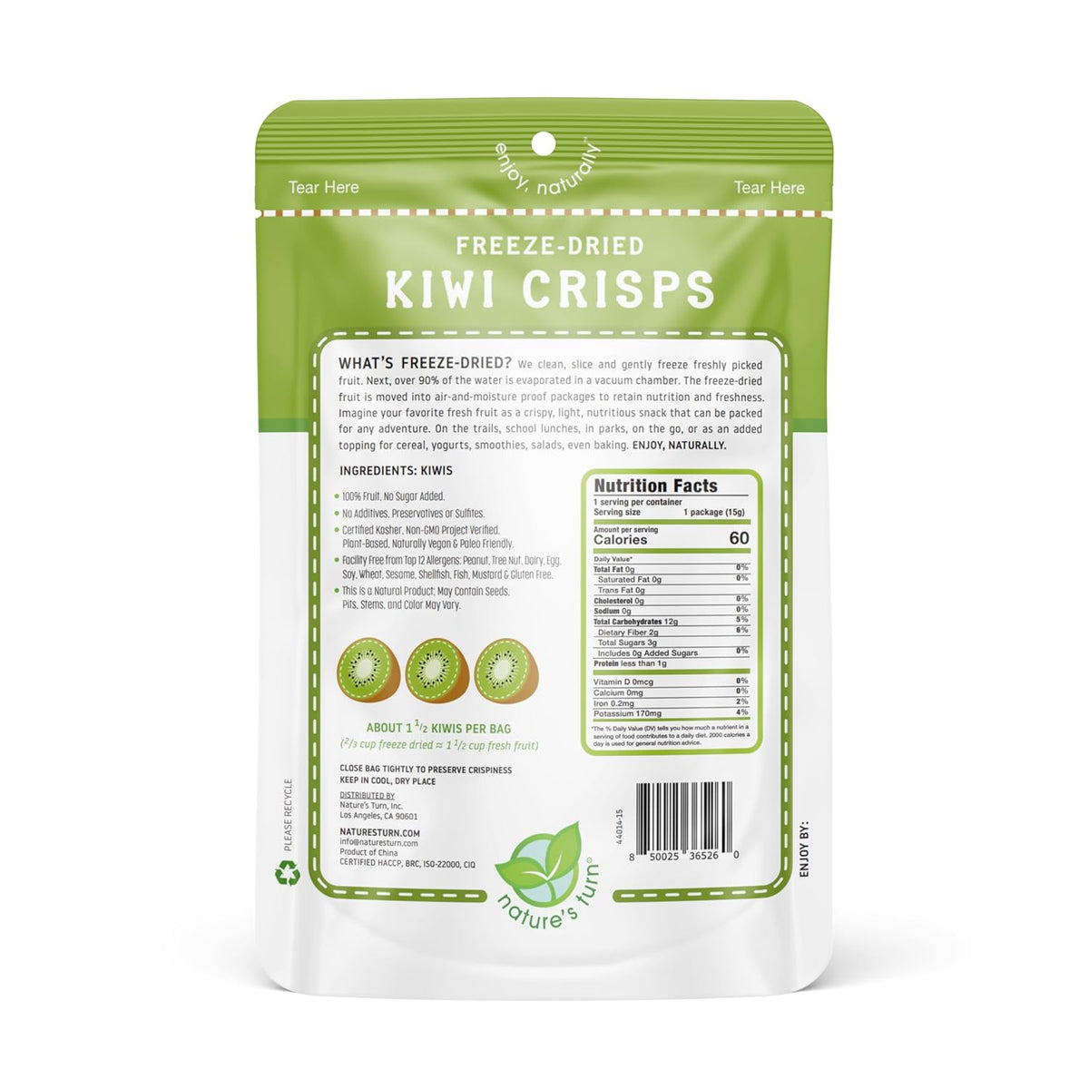 Nature's Turn Freeze-Dried Sour Kiwi Crisps – Guilt-Free Desk Snack for Clean Eating, 6 Single-Serve Bags