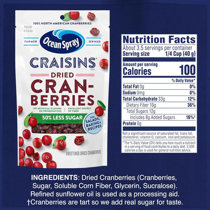 Ocean Spray Craisins 50% Less Sugar Dried Cranberries – Subscribe & Save Pantry Refill for Busy Professionals, 5 oz Pouches, 12 Pack