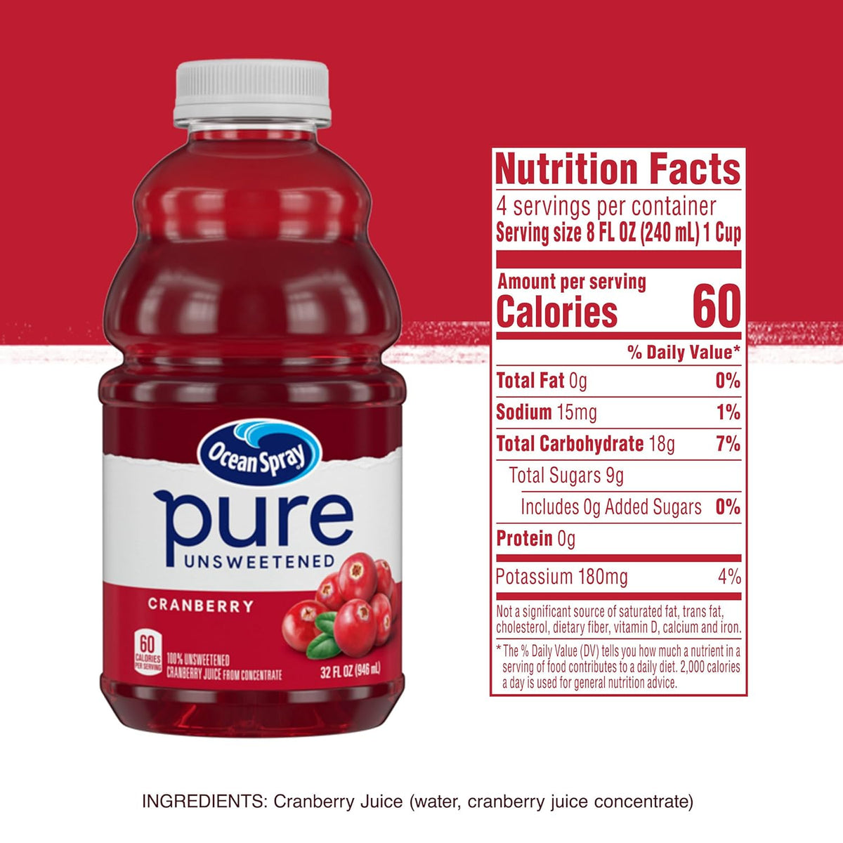 Ocean Spray® Pure Unsweetened Cranberry Juice – Clean-Label Pantry Essential for Calorie-Conscious Wellness, 32 Fl Oz