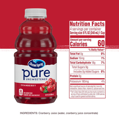 Ocean Spray® Pure Unsweetened Cranberry Juice – Clean-Label Pantry Essential for Calorie-Conscious Wellness, 32 Fl Oz
