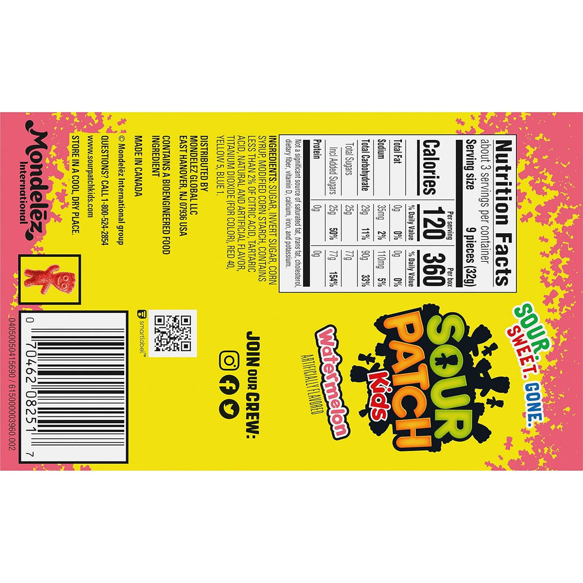 SOUR PATCH KIDS Watermelon Soft & Chewy Candy, Pre-Portioned Treat for Lunchboxes, Halloween Buckets, and Easter Baskets, 12 - 3.5 oz Boxes