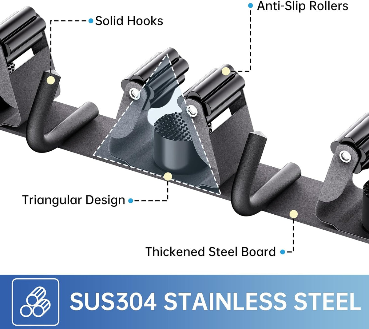 spring-loaded rubber rolling ball clamps that grip handles from 0.7" to 1.3"